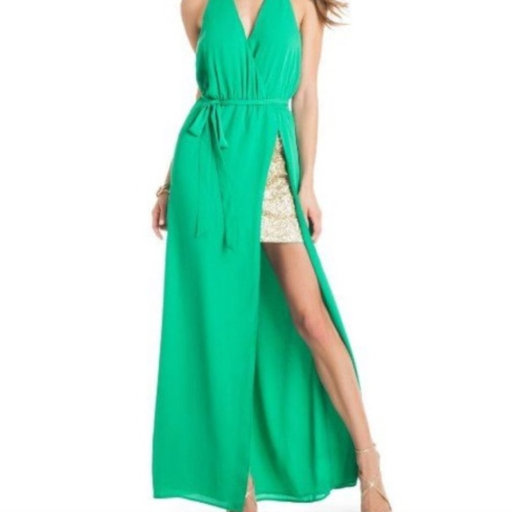 Guess by Marciano Green & Gold Shimmer Slit Dress